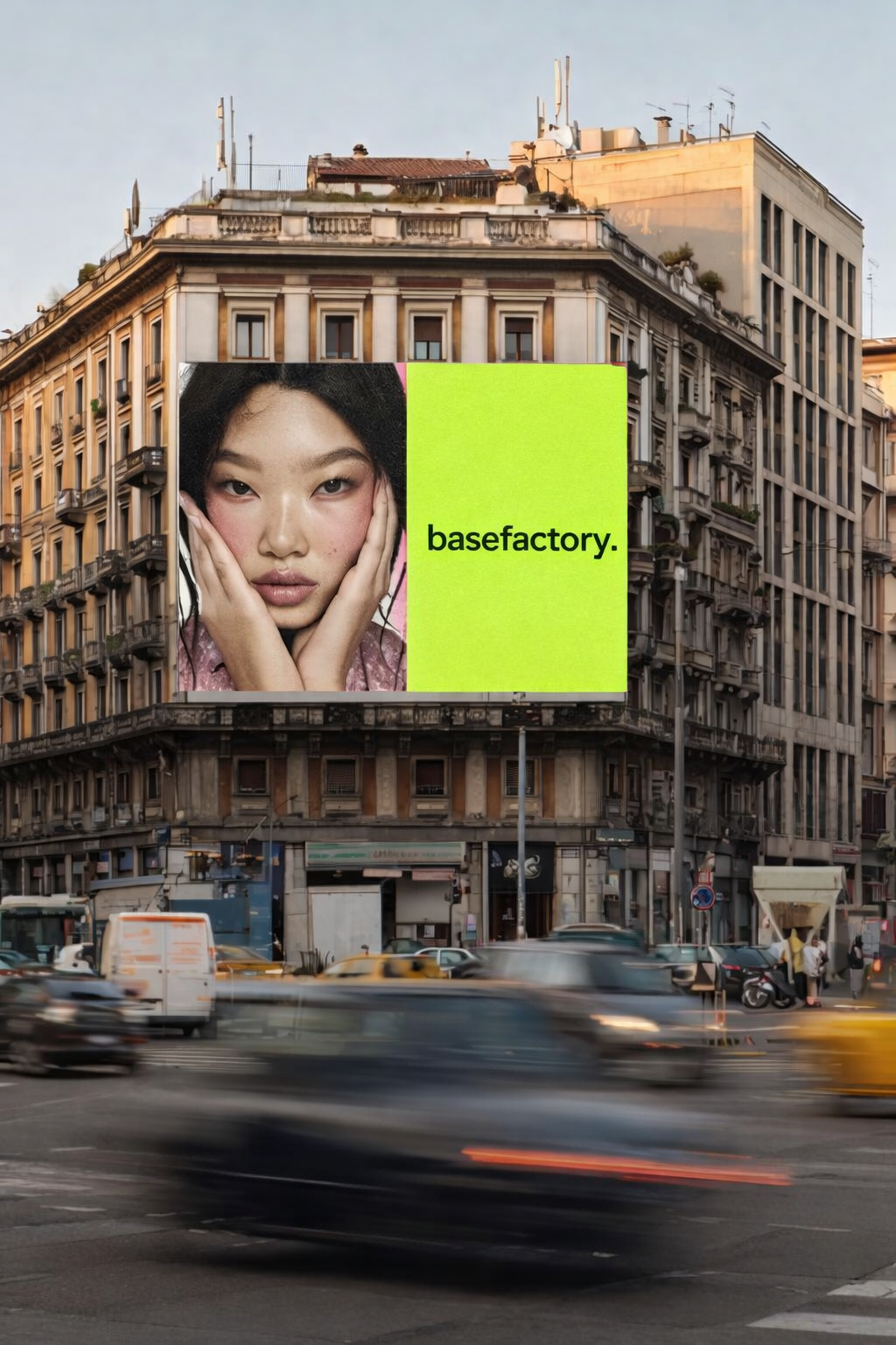 Billboard with a face on a building in an urban setting